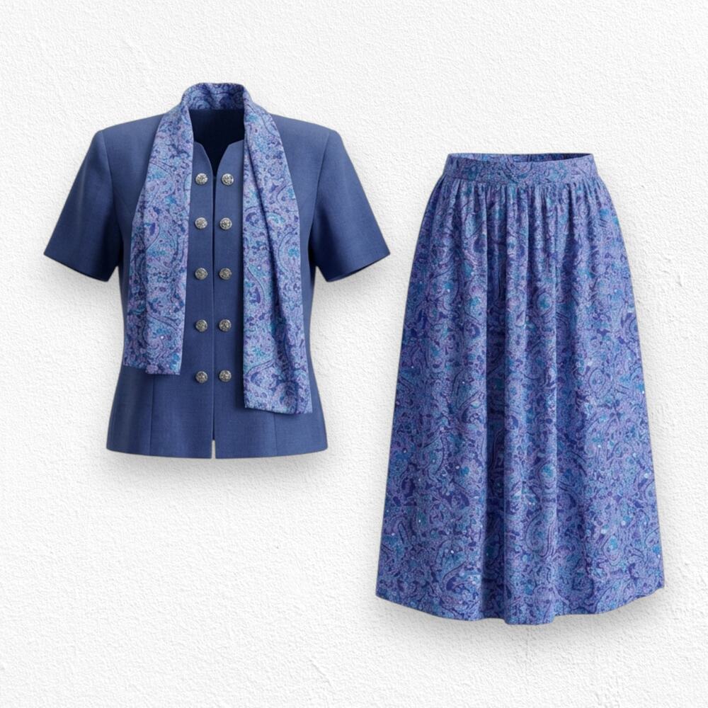 Vintage 1980s Blue Paisley Leslie Fay 3 Piece Skirt Blouse Scarf Set Size 10
